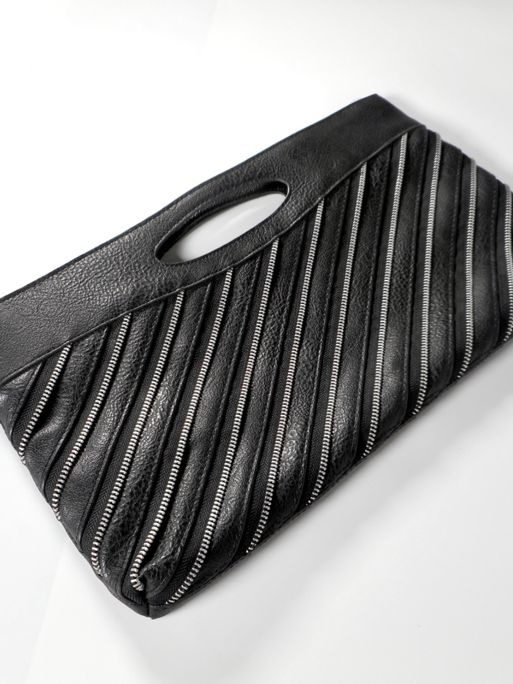 Black Faux Leather Zippers Clutch Edgy Rocker Biker Punk Style 15.5" x 8.5" NWOT